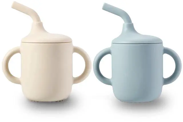 Main image of 2 Pack 100% Tiny Silicone Drinking Training Cup with Handles & Straw for Baby and Toddler (White Blue)
