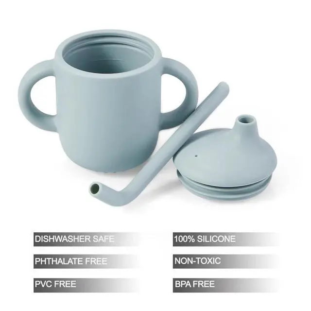 Alt view image 3 of 6 - 2 Pack 100% Tiny Silicone Drinking Training Cup with Handles & Straw for Baby and Toddler (White Blue)