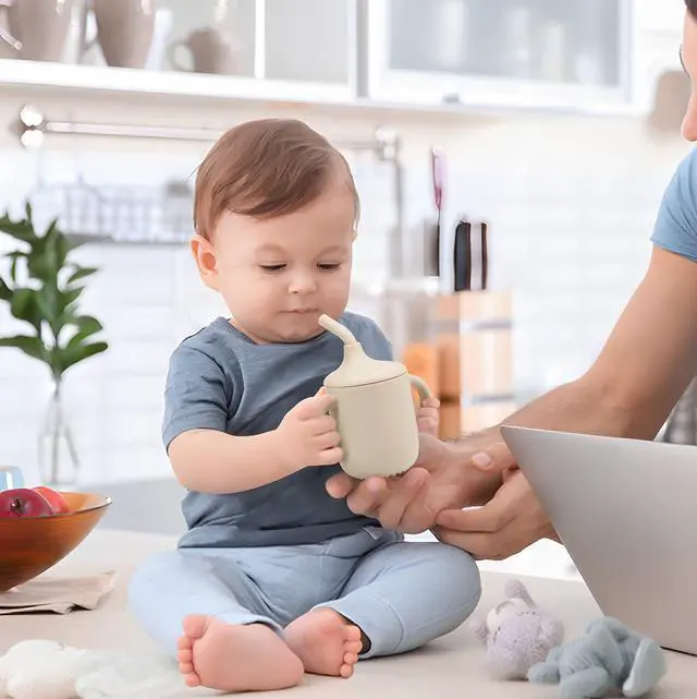 Alt view image 2 of 6 - 2 Pack 100% Tiny Silicone Drinking Training Cup with Handles & Straw for Baby and Toddler (White Blue)