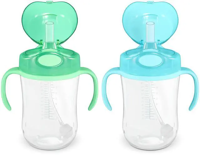 Main image of Spill Proof Dishwasher Safe Silicone Weighted Straw Sippy Cup with Removable Handles, BPA Free, 9 Ounces, Blue/Green, Pack of 2 (Previously Mama Bear)