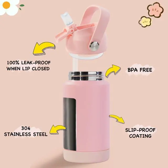 Alt view image 2 of 7 - 12oz Kids Water Bottle, Stainless Steel Insulated Water Bottle for Kids, Toddler Cup With Straws Leak-proof, Toddler Water Bottles for School Boys Girls, BPA Free, Pink