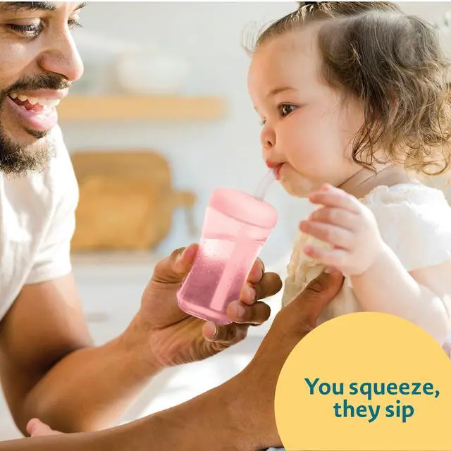 Alt view image 3 of 7 - Squeeze & Sip Toddler Straw Cups - Squeezable Transition Sippy Cup with Silicone Straw - Toddler Feeding Supplies - Pink/Purple/Blue - 7 Oz - 3 Count - Ages 6 Months and Up