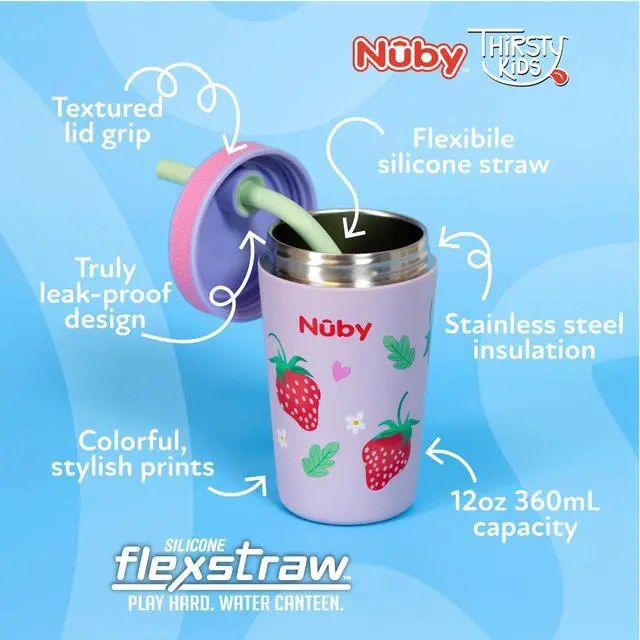 Alt view image 2 of 7 - Thirsty Kids Insulated Toddler Cup with Silicone Flexstraw - 12 oz - Stainless Steel and Leak-Resistant - 18+ Months - Strawberries
