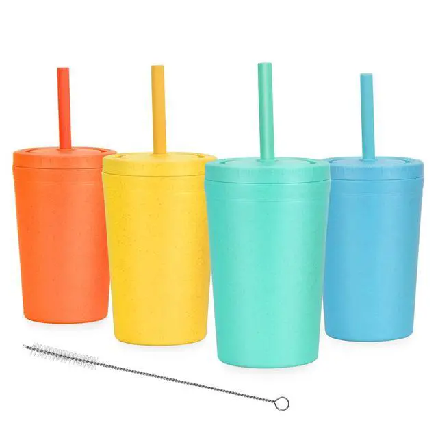 Main image of Reusable Wheat Straw Cups with Lids and Silicone Straws, 10 Oz Chip Resistant E-Co Friendly Small Water Cups for Milk, Drinks, Smoothies - 4 Colors