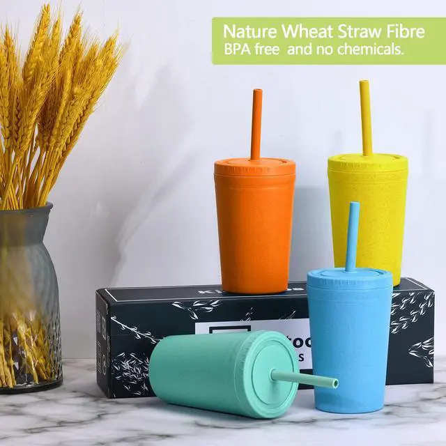 Alt view image 2 of 7 - Reusable Wheat Straw Cups with Lids and Silicone Straws, 10 Oz Chip Resistant E-Co Friendly Small Water Cups for Milk, Drinks, Smoothies - 4 Colors