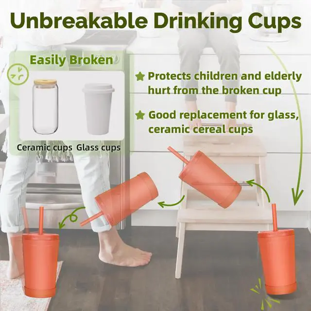 Alt view image 3 of 7 - Reusable Wheat Straw Cups with Lids and Silicone Straws, 10 Oz Chip Resistant E-Co Friendly Small Water Cups for Milk, Drinks, Smoothies - 4 Colors