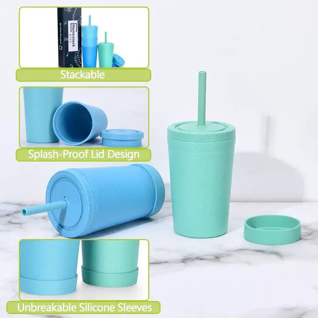 Alt view image 5 of 7 - Reusable Wheat Straw Cups with Lids and Silicone Straws, 10 Oz Chip Resistant E-Co Friendly Small Water Cups for Milk, Drinks, Smoothies - 4 Colors