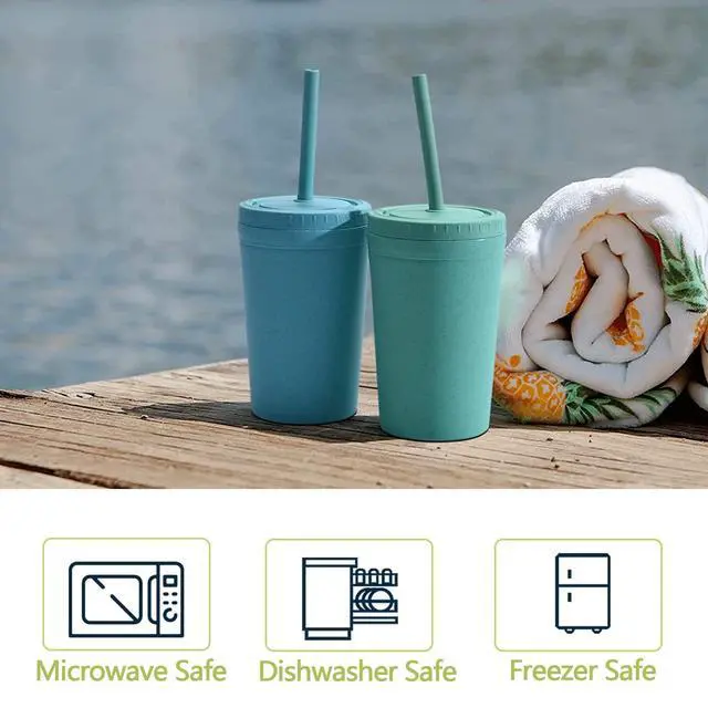 Alt view image 7 of 7 - Reusable Wheat Straw Cups with Lids and Silicone Straws, 10 Oz Chip Resistant E-Co Friendly Small Water Cups for Milk, Drinks, Smoothies - 4 Colors