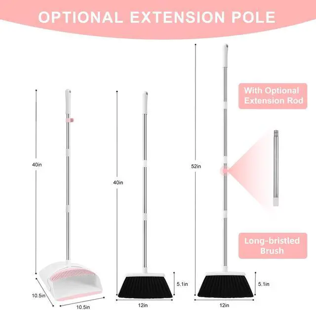 Alt view image 2 of 7 - Broom with Dustpan Combo Set for Home, 52-in Long Adjustable Handle Angle Broom and Dustpan Set with Dustpan Comb Teeth for Sweeping Pet Hair Food Dirt Kitchen (White-Pink)