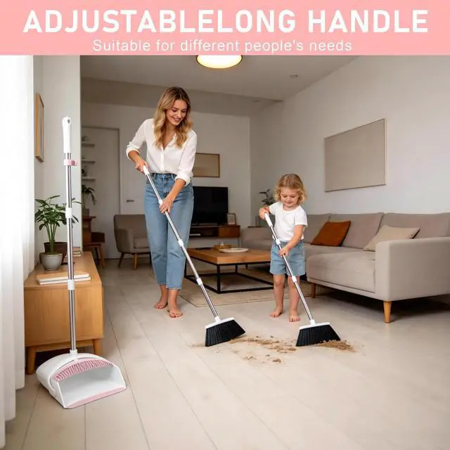Alt view image 3 of 7 - Broom with Dustpan Combo Set for Home, 52-in Long Adjustable Handle Angle Broom and Dustpan Set with Dustpan Comb Teeth for Sweeping Pet Hair Food Dirt Kitchen (White-Pink)