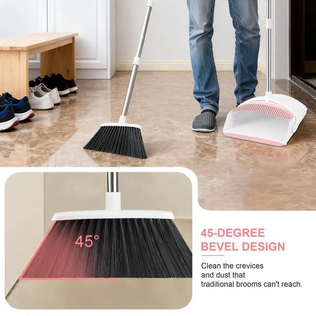 Alt view image 5 of 7 - Broom with Dustpan Combo Set for Home, 52-in Long Adjustable Handle Angle Broom and Dustpan Set with Dustpan Comb Teeth for Sweeping Pet Hair Food Dirt Kitchen (White-Pink)