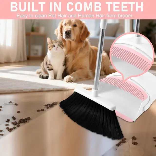 Alt view image 4 of 7 - Broom with Dustpan Combo Set for Home, 52-in Long Adjustable Handle Angle Broom and Dustpan Set with Dustpan Comb Teeth for Sweeping Pet Hair Food Dirt Kitchen (White-Pink)