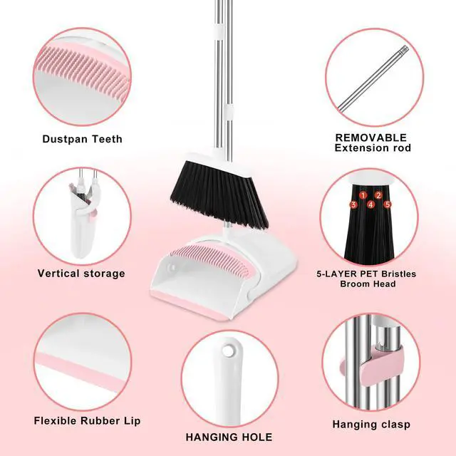 Alt view image 6 of 7 - Broom with Dustpan Combo Set for Home, 52-in Long Adjustable Handle Angle Broom and Dustpan Set with Dustpan Comb Teeth for Sweeping Pet Hair Food Dirt Kitchen (White-Pink)