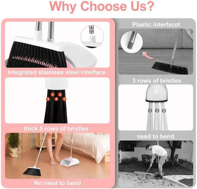 Alt view image 7 of 7 - Broom with Dustpan Combo Set for Home, 52-in Long Adjustable Handle Angle Broom and Dustpan Set with Dustpan Comb Teeth for Sweeping Pet Hair Food Dirt Kitchen (White-Pink)