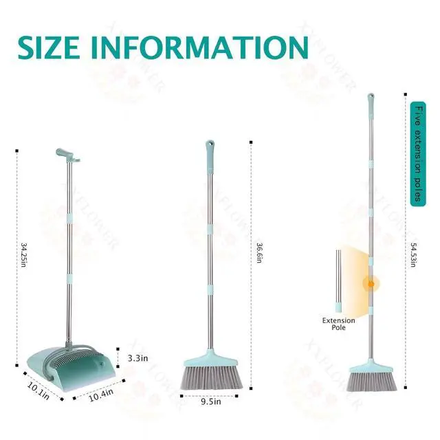 Alt view image 2 of 6 - Broom and Dustpan Set with Cleaning Teeth, 54.5" Long Handle Indoor Sweeping Combo for Home Office Kitchen, Bluish Green
