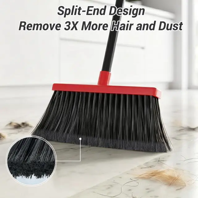 Alt view image 3 of 7 - Broom with Dustpan Combo Set, Long Handle Upright Standing Self-Cleaning Broom and Dustpan Set for Pet Hair & Dust Cleanup, Indoor Outdoor Use for Home, Kitchen, Office, Red & Gray