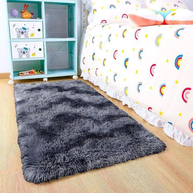 Alt view image 3 of 6 - Small Bedside Shaggy Rugs for Bedroom Living Room 2x3 ft, Fluffy Throw Rug for Entryway Indoor Floor Carpet, Shag Rug for Nursery Girls Boys Kids Rooms, Home Decor, Tie Dye Grey