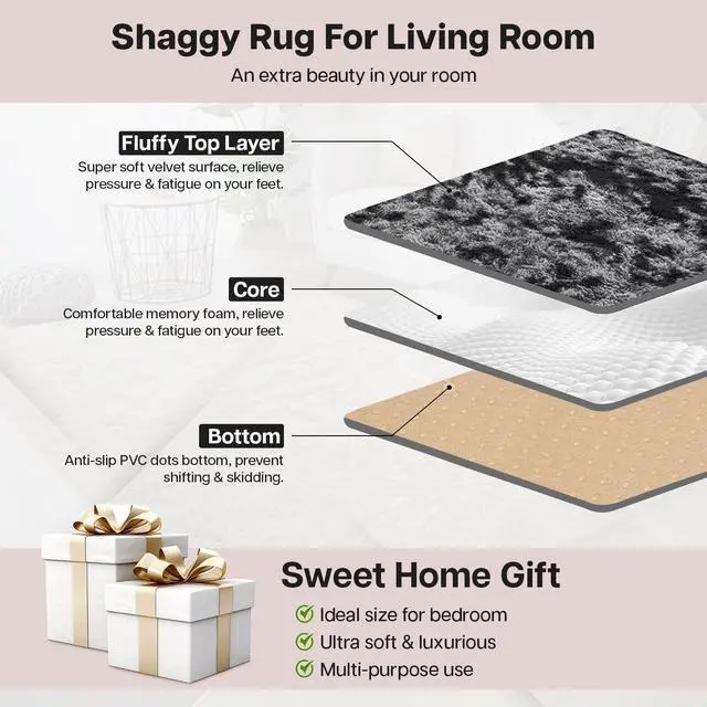 Alt view image 5 of 6 - Small Bedside Shaggy Rugs for Bedroom Living Room 2x3 ft, Fluffy Throw Rug for Entryway Indoor Floor Carpet, Shag Rug for Nursery Girls Boys Kids Rooms, Home Decor, Tie Dye Grey