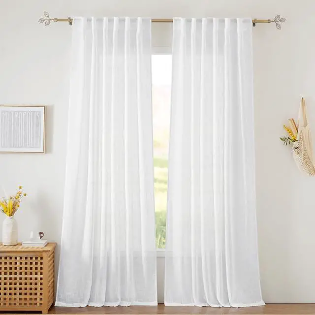 Main image of White Curtains Sheer - Linen Texture Sheer Window Covering, Light & Airy Translucent Panels for Bedroom Living Room Patio Glass Door, 52 inch Width x 95 inch Length, Set of 2