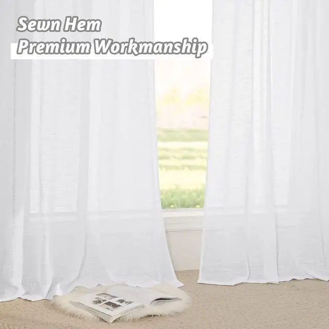 Alt view image 7 of 7 - White Curtains Sheer - Linen Texture Sheer Window Covering, Light & Airy Translucent Panels for Bedroom Living Room Patio Glass Door, 52 inch Width x 95 inch Length, Set of 2