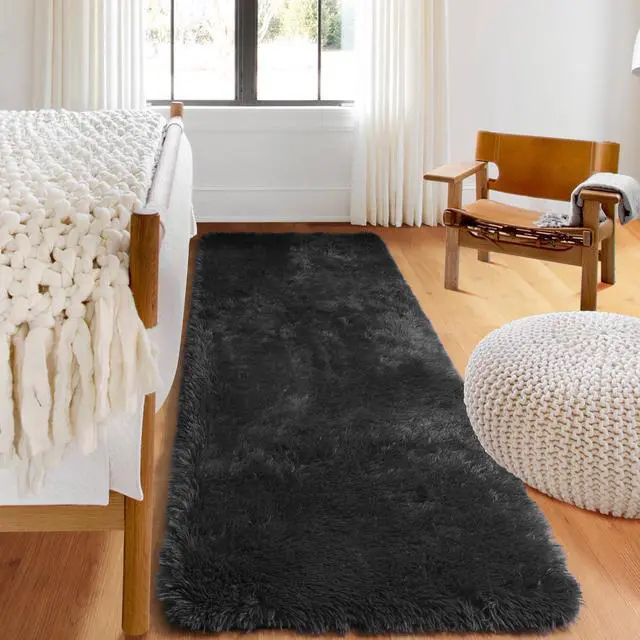 Alt view image 2 of 7 - Black Runner Rugs for Bedroom Living Room, 2x6 Bedside Fluffy Area Rug, Indoor Ultra Soft Plush Shaggy Furry Floor Throw Carpet for Hallway Nursery Kids Boys Girls Dorm Closet Home Decor