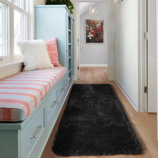 Alt view image 5 of 7 - Black Runner Rugs for Bedroom Living Room, 2x6 Bedside Fluffy Area Rug, Indoor Ultra Soft Plush Shaggy Furry Floor Throw Carpet for Hallway Nursery Kids Boys Girls Dorm Closet Home Decor
