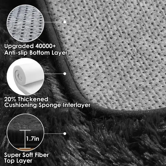 Alt view image 4 of 7 - Black Runner Rugs for Bedroom Living Room, 2x6 Bedside Fluffy Area Rug, Indoor Ultra Soft Plush Shaggy Furry Floor Throw Carpet for Hallway Nursery Kids Boys Girls Dorm Closet Home Decor