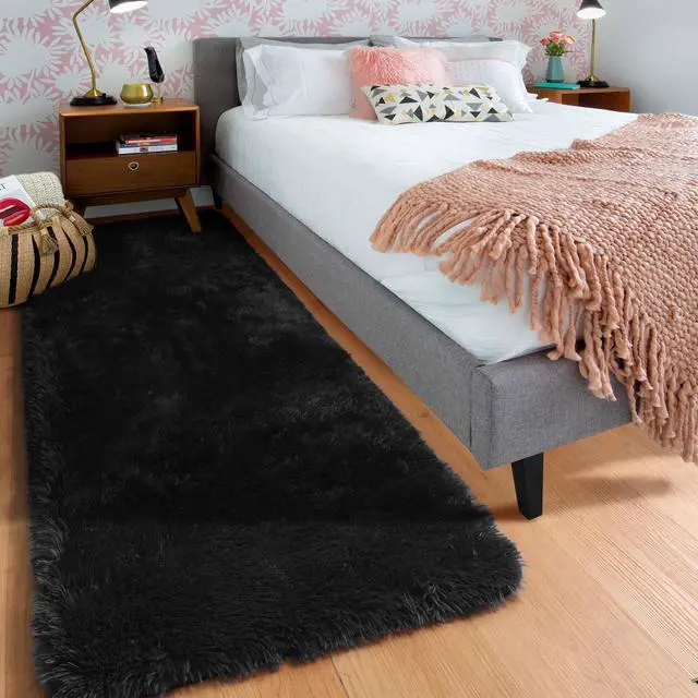 Alt view image 6 of 7 - Black Runner Rugs for Bedroom Living Room, 2x6 Bedside Fluffy Area Rug, Indoor Ultra Soft Plush Shaggy Furry Floor Throw Carpet for Hallway Nursery Kids Boys Girls Dorm Closet Home Decor