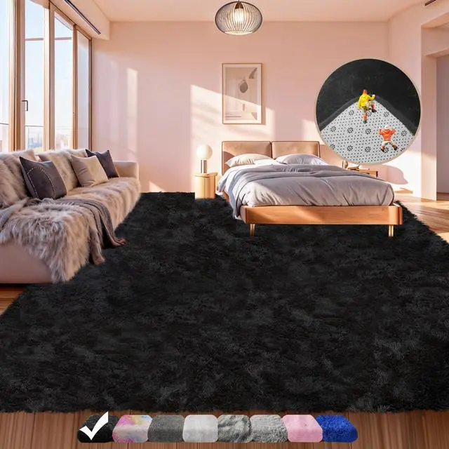 Main image of Black Shaggy Area Rug for Living Room Bedroom, Ultra Soft Fluffy Fuzzy Furry Rugs 4x6 ft, Upgrade Non-Slip Plush Shag Bedside Rug, Indoor Floor Carpet for Kids Girls Boys, Dorms, Nursery, Home Decor