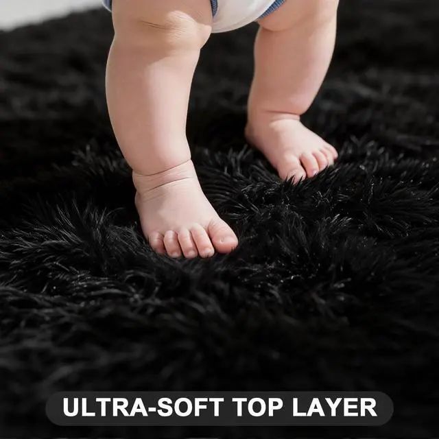 Alt view image 2 of 7 - Black Shaggy Area Rug for Living Room Bedroom, Ultra Soft Fluffy Fuzzy Furry Rugs 4x6 ft, Upgrade Non-Slip Plush Shag Bedside Rug, Indoor Floor Carpet for Kids Girls Boys, Dorms, Nursery, Home Decor