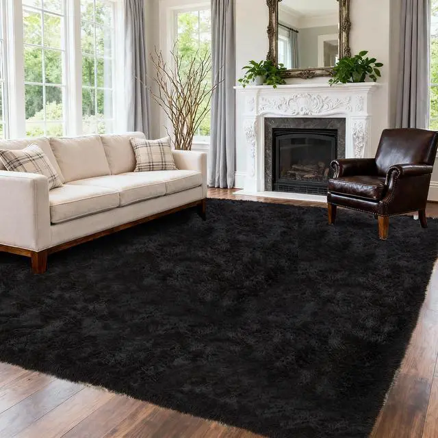 Alt view image 3 of 7 - Black Shaggy Area Rug for Living Room Bedroom, Ultra Soft Fluffy Fuzzy Furry Rugs 4x6 ft, Upgrade Non-Slip Plush Shag Bedside Rug, Indoor Floor Carpet for Kids Girls Boys, Dorms, Nursery, Home Decor