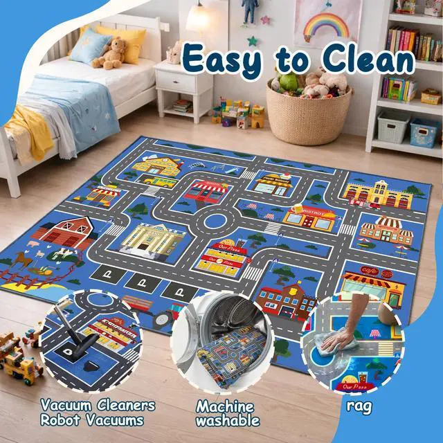 Alt view image 3 of 7 - Kids Car Rug Play Mat, 31''x47'' Non-Slip Soft and Machine-Washable Playroom Rug Car Rugs for Kids Toy Cars Kid Classroom Road Rugs for Boys and Girls
