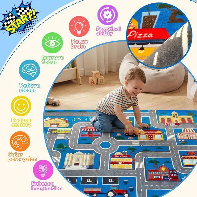 Alt view image 5 of 7 - Kids Car Rug Play Mat, 31''x47'' Non-Slip Soft and Machine-Washable Playroom Rug Car Rugs for Kids Toy Cars Kid Classroom Road Rugs for Boys and Girls