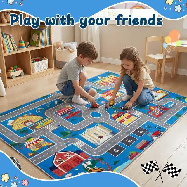 Alt view image 6 of 7 - Kids Car Rug Play Mat, 31''x47'' Non-Slip Soft and Machine-Washable Playroom Rug Car Rugs for Kids Toy Cars Kid Classroom Road Rugs for Boys and Girls