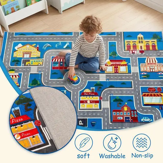 Alt view image 2 of 7 - Kids Car Rug Play Mat, 31''x47'' Non-Slip Soft and Machine-Washable Playroom Rug Car Rugs for Kids Toy Cars Kid Classroom Road Rugs for Boys and Girls