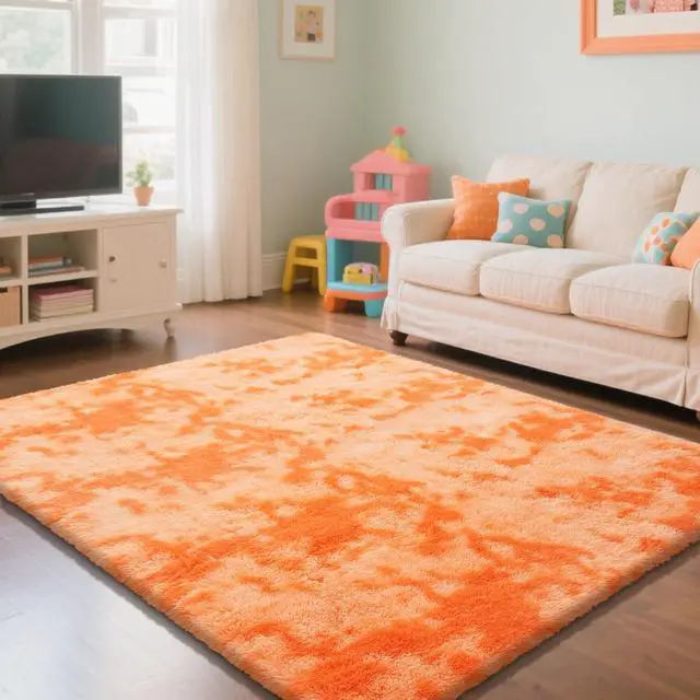Alt view image 2 of 5 - Mottled Orange 3x5 Rugs for Bedroom, Fluffy Rug Small Carpet Bedside Rug