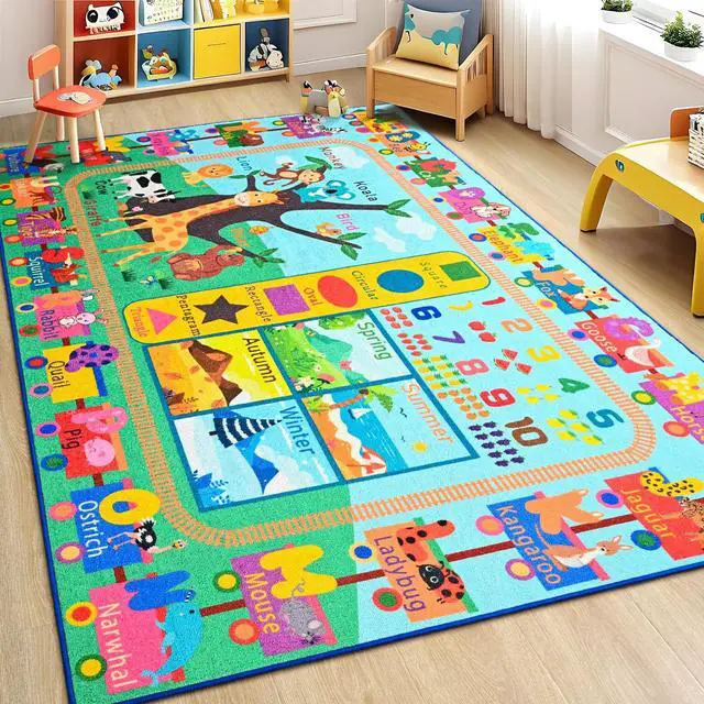 Alt view image 5 of 7 - Kids Rug for Playroom, 3x5 ABC Educational Carpet for Classroom, Fun Alphabet Area Rugs for Learn Numbers Season Animal Weather and Shapes Playmat for Girls Boys Room Nursery Decor