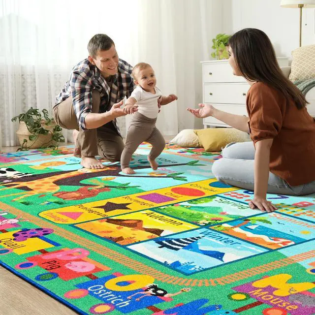 Alt view image 6 of 7 - Kids Rug for Playroom, 3x5 ABC Educational Carpet for Classroom, Fun Alphabet Area Rugs for Learn Numbers Season Animal Weather and Shapes Playmat for Girls Boys Room Nursery Decor