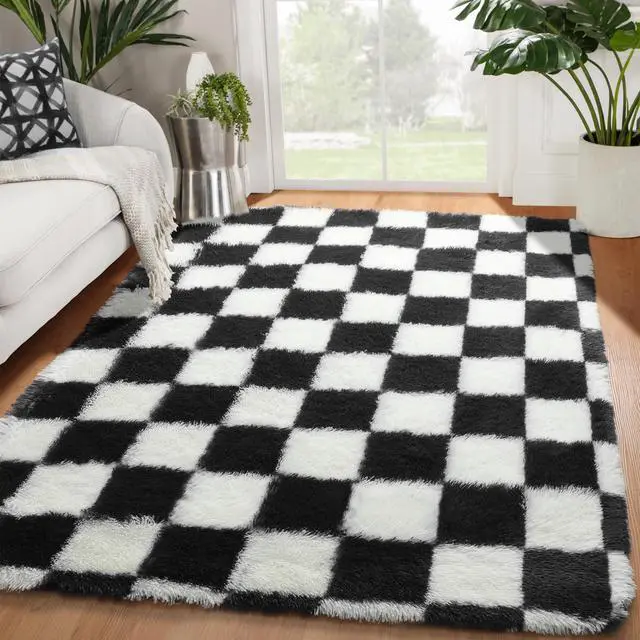 Main image of Black and White Fluffy Soft Checkered Rug Fuzzy Shag Shaggy Carpet, Indoor Plush Floor Rugs for Kids Boys Girls Teen Dorm Nursery Home Decor Aesthetic