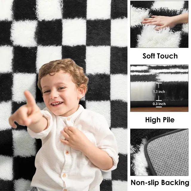 Alt view image 2 of 7 - Black and White Fluffy Soft Checkered Rug Fuzzy Shag Shaggy Carpet, Indoor Plush Floor Rugs for Kids Boys Girls Teen Dorm Nursery Home Decor Aesthetic