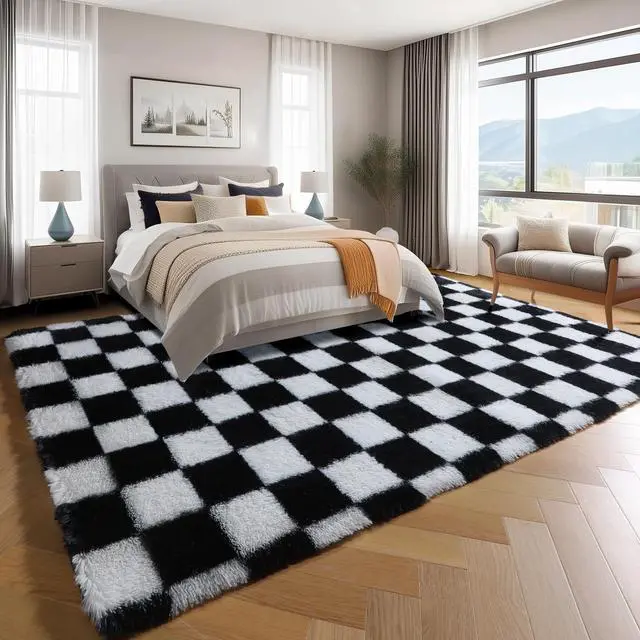 Alt view image 3 of 7 - Black and White Fluffy Soft Checkered Rug Fuzzy Shag Shaggy Carpet, Indoor Plush Floor Rugs for Kids Boys Girls Teen Dorm Nursery Home Decor Aesthetic