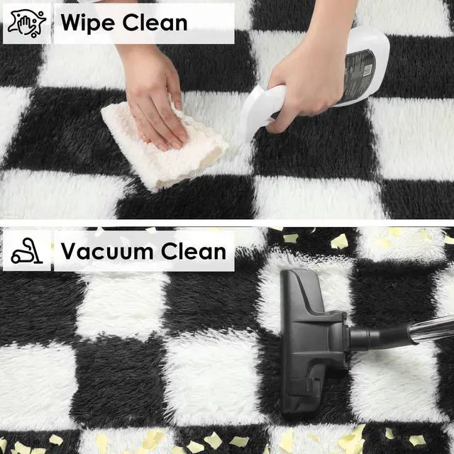 Alt view image 4 of 7 - Black and White Fluffy Soft Checkered Rug Fuzzy Shag Shaggy Carpet, Indoor Plush Floor Rugs for Kids Boys Girls Teen Dorm Nursery Home Decor Aesthetic