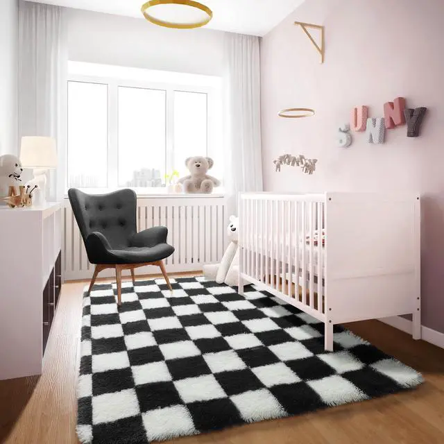 Alt view image 5 of 7 - Black and White Fluffy Soft Checkered Rug Fuzzy Shag Shaggy Carpet, Indoor Plush Floor Rugs for Kids Boys Girls Teen Dorm Nursery Home Decor Aesthetic