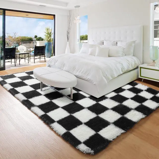 Alt view image 7 of 7 - Black and White Fluffy Soft Checkered Rug Fuzzy Shag Shaggy Carpet, Indoor Plush Floor Rugs for Kids Boys Girls Teen Dorm Nursery Home Decor Aesthetic