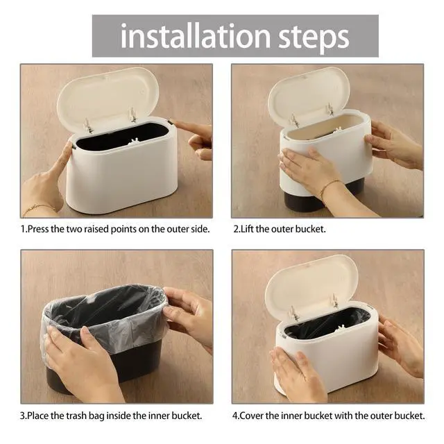 Alt view image 4 of 7 - Mini Trash Can for Desk, Tiny Plastic Countertop Garbage Can with Lid, Easy to use and Keep Desktop Clean for Vanity, Bedside, Bathroom and Kitchen with 3 Rolls Trash Bags