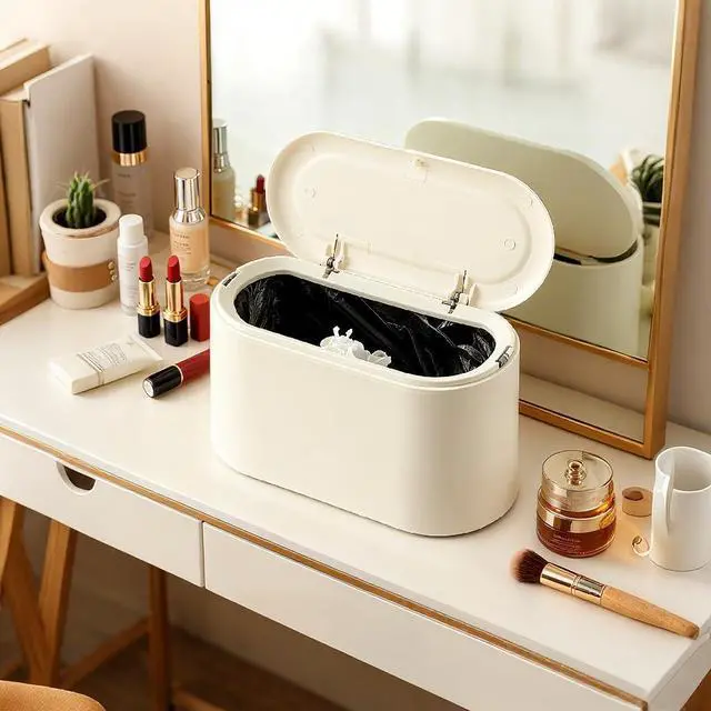 Alt view image 6 of 7 - Mini Trash Can for Desk, Tiny Plastic Countertop Garbage Can with Lid, Easy to use and Keep Desktop Clean for Vanity, Bedside, Bathroom and Kitchen with 3 Rolls Trash Bags