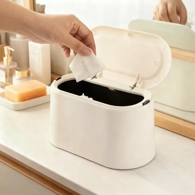 Alt view image 7 of 7 - Mini Trash Can for Desk, Tiny Plastic Countertop Garbage Can with Lid, Easy to use and Keep Desktop Clean for Vanity, Bedside, Bathroom and Kitchen with 3 Rolls Trash Bags