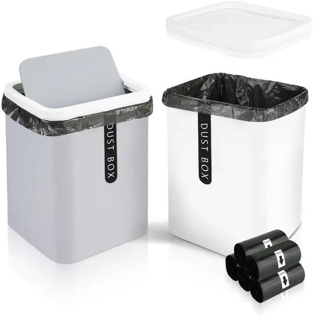 Main image of 2Pcs Mini Trash Can with Lid, Plastic Mini Wastebasket with 5 Roll Trash Bags, Tiny Desktop Waste Garbage Bin for Kitchen Bathroom Office Home Desk Bedroom Vanity Tabletop(White+Grey)