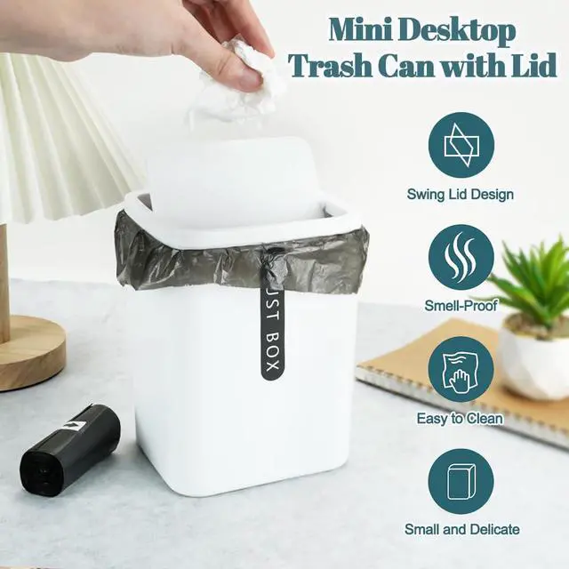 Alt view image 3 of 6 - 2Pcs Mini Trash Can with Lid, Plastic Mini Wastebasket with 5 Roll Trash Bags, Tiny Desktop Waste Garbage Bin for Kitchen Bathroom Office Home Desk Bedroom Vanity Tabletop(White+Grey)