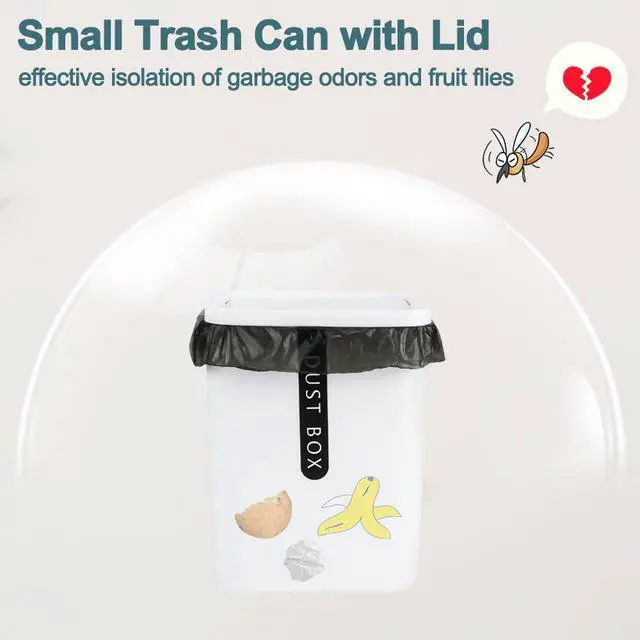 Alt view image 4 of 6 - 2Pcs Mini Trash Can with Lid, Plastic Mini Wastebasket with 5 Roll Trash Bags, Tiny Desktop Waste Garbage Bin for Kitchen Bathroom Office Home Desk Bedroom Vanity Tabletop(White+Grey)